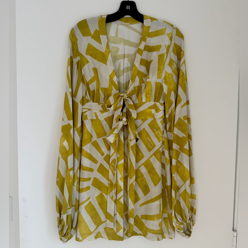 Alexis Yellow and White Abstract Tie-Front Mini Dress